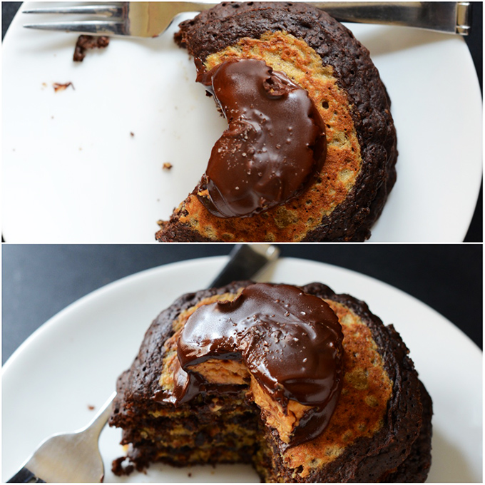 Stack of our delicious Peanut Butter Cup Pancakes with a slice removed