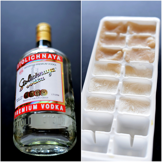 Bottle of vodka and tray of Coconut Ice Cubes