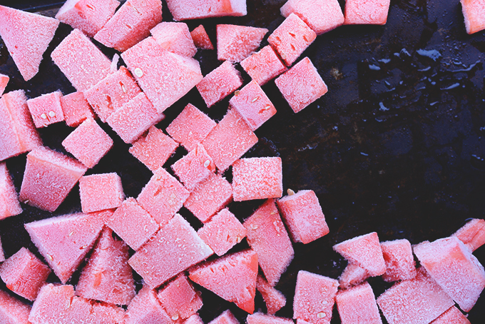 Frozen watermelon cubes for adding to homemade margaritas