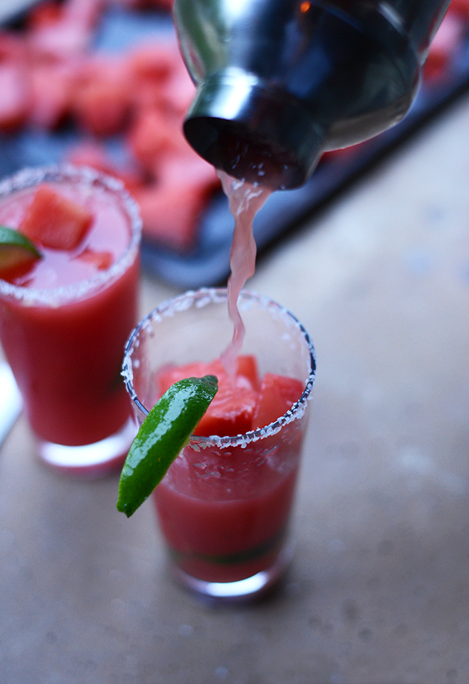 Pouring a glass of our refreshing Watermelon Lime Margaritas recipe