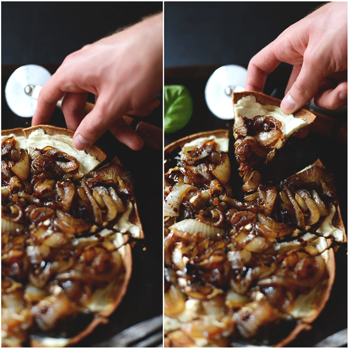 Grabbing a slice of our Goat Cheese Caramelized Onion Pizza recipe
