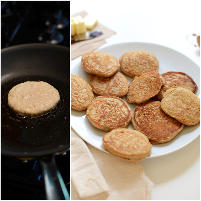 Skillet and plate of our Mini Cinnamon Sopapilla Pancakes recipe
