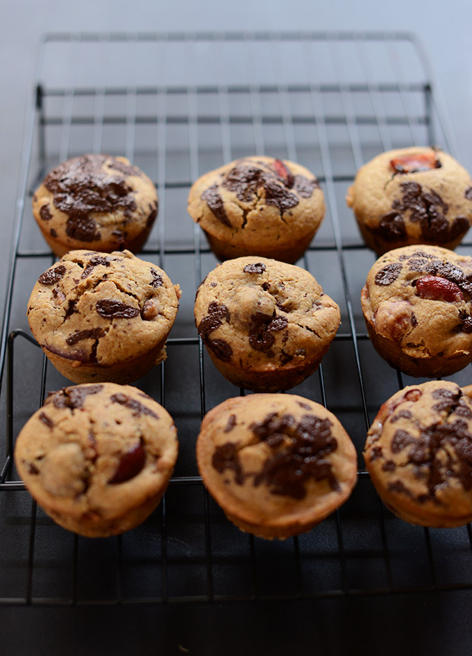 Cooling rack with a batch of our Cherry Chocolate Chip Muffins recipe