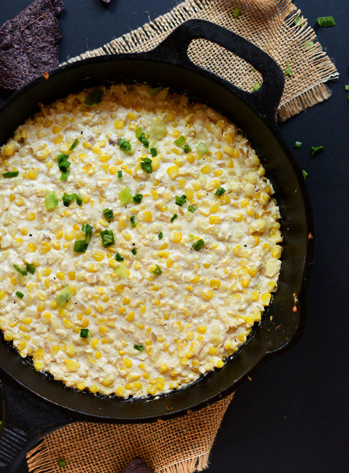 Skillet of Creamy Corn and Cotija Cheese Dip for a vegetarian appetizer