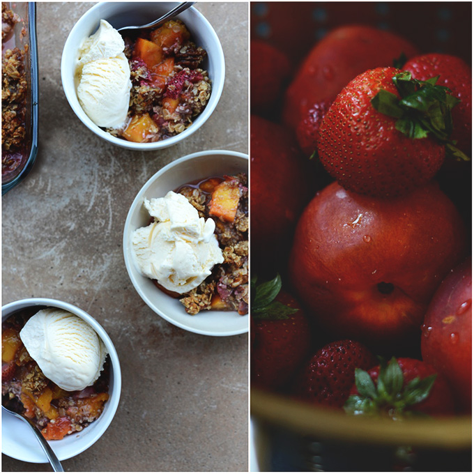 Bowls of Gluten-Free Strawberry Nectarine Crisp with scoops of ice cream