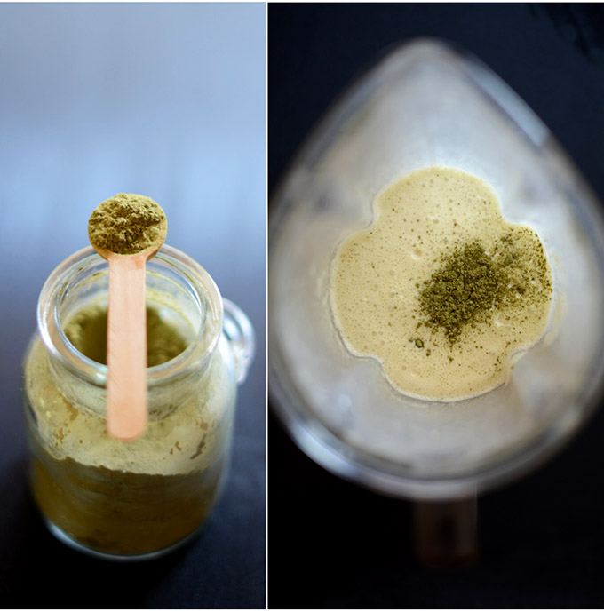 Jar of matcha powder and blender filled with Green Tea Crepe Batter