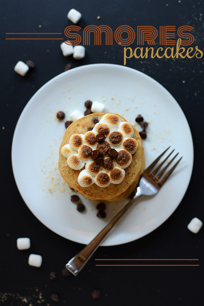 Plate of Smores Pancakes with toasted mini marshmallows on top