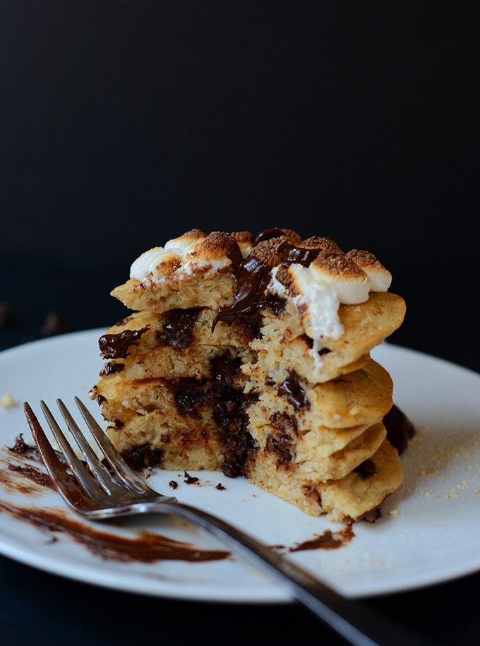 Revealing the chocolatey inside of our Vegan Smores Pancakes recipe