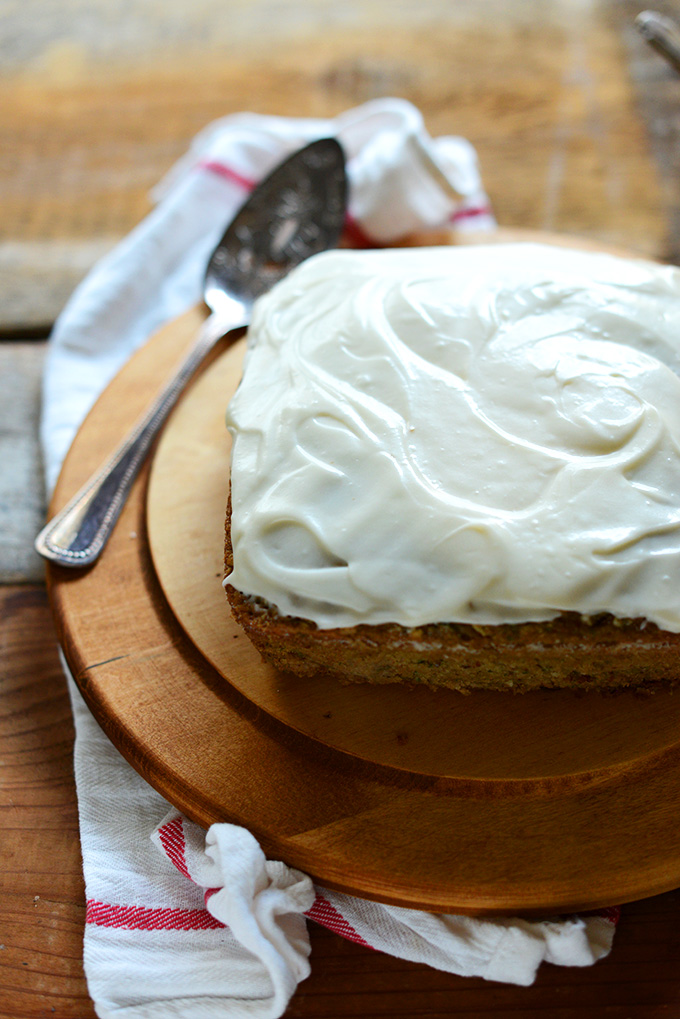 Loaf of Gluten-Free Zucchini Cake with Dairy-Free Cream Cheese Frosting
