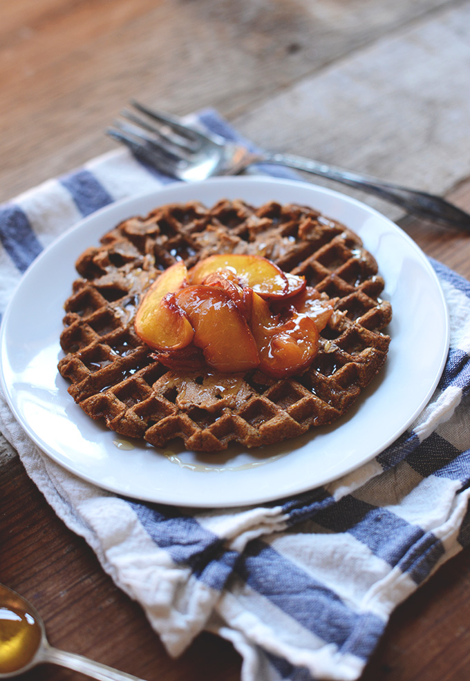 Vegan Whole Grain Waffle topped with roasted sliced peaches
