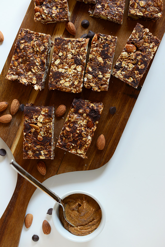 Simple homemade Chocolate Almond Granola Bars on a cutting board