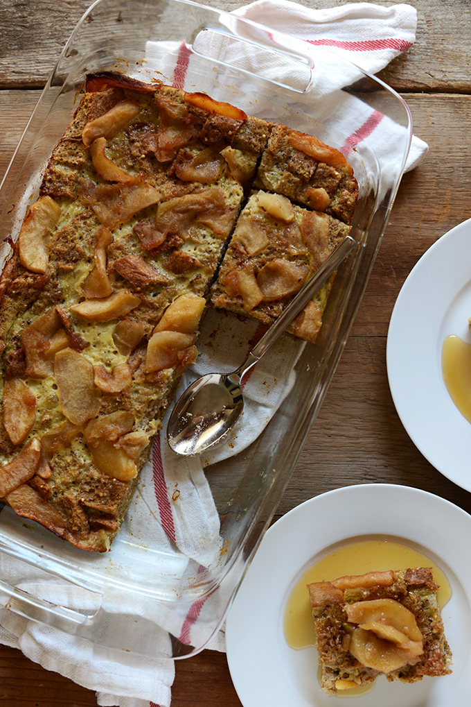 Pan of our Apple French Toast Bake recipe with some slices removed