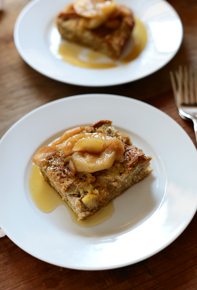 Plates with slices of Cinnamon Apple French Toast Bake for breakfast