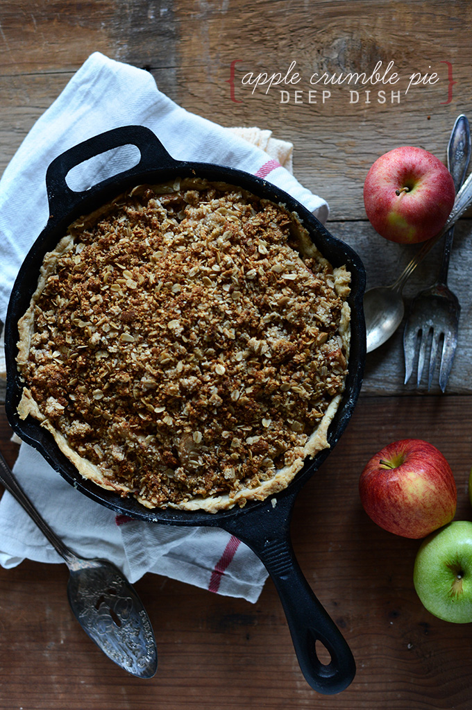 Skillet filled with a batch of our Deep Dish Apple Crumble Pie recipe
