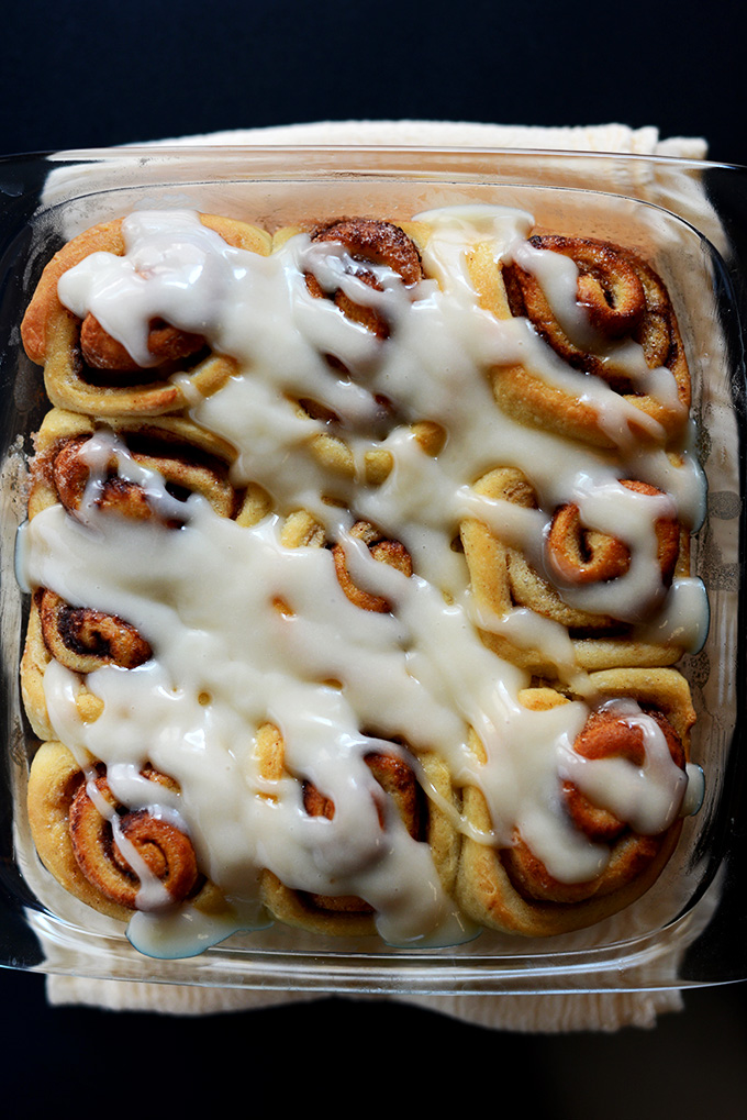 Pan of our Easy Cinnamon Rolls recipe with icing