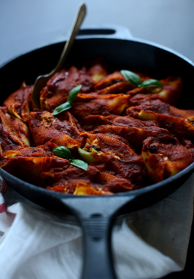 Skillet of Healthy Stuffed Shells made with tofu and eggplant