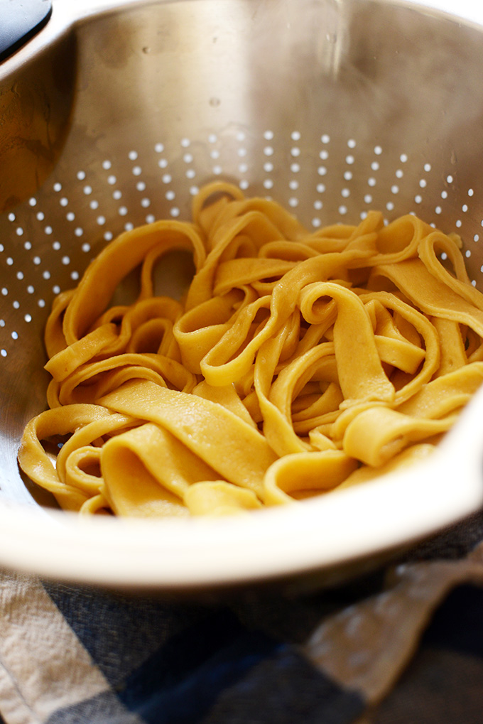 Freshly cooked Homemade Pumpkin Pasta in a colander