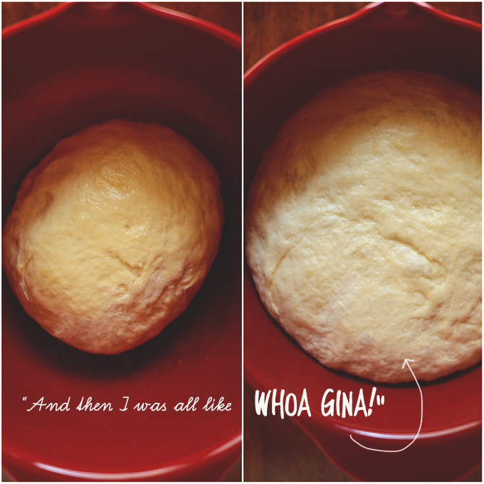 Showing before and after pictures of proofing cinnamon roll dough