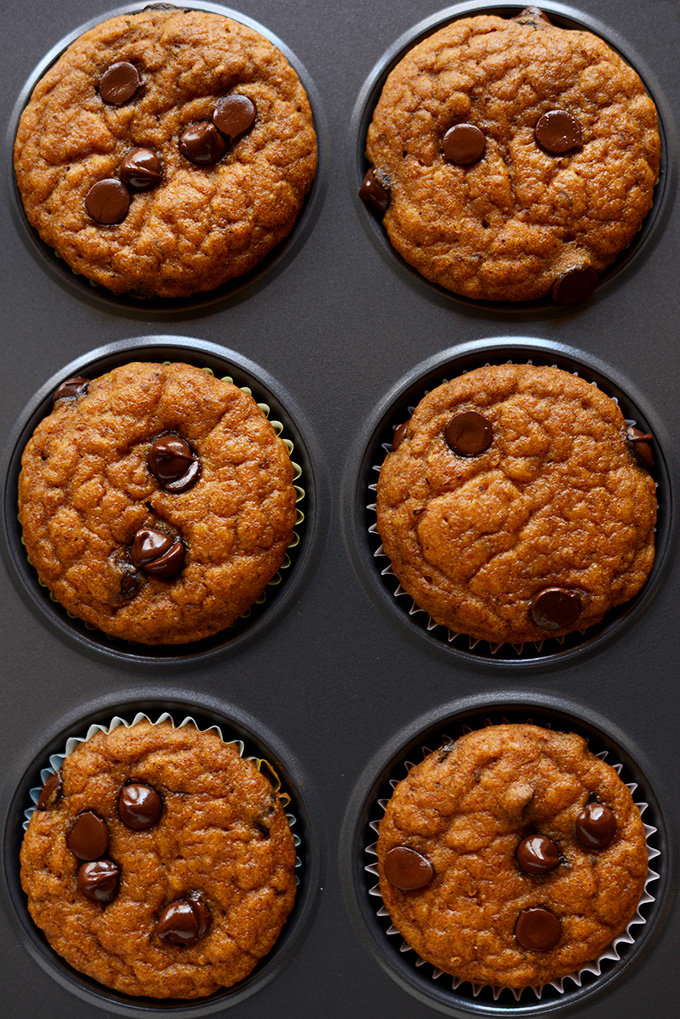 Muffin tin filled with freshly baked vegan Pumpkin Chocolate Chip Muffins