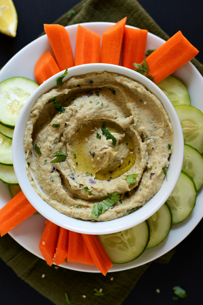 Sliced vegetables and a bowl of Simple Baba Ganoush for our Thanksgiving recipe roundup