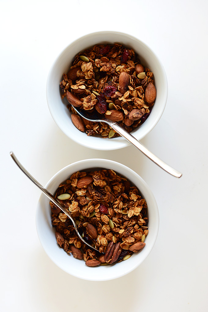 Two bowls of Sweet Potato Granola for a delicious fall breakfast