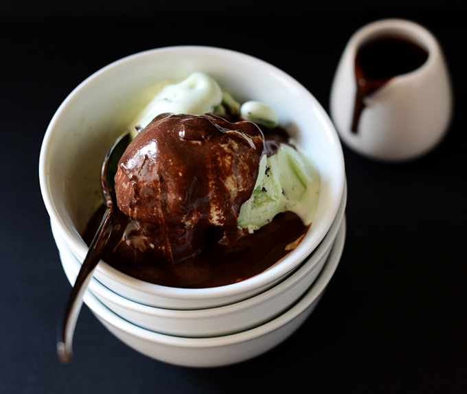 Scoops of mint chip ice cream topped with Vegan Kahlua Hot Fudge