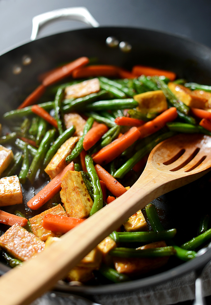 Skillet filled with the Best Tofu Stir-Fry