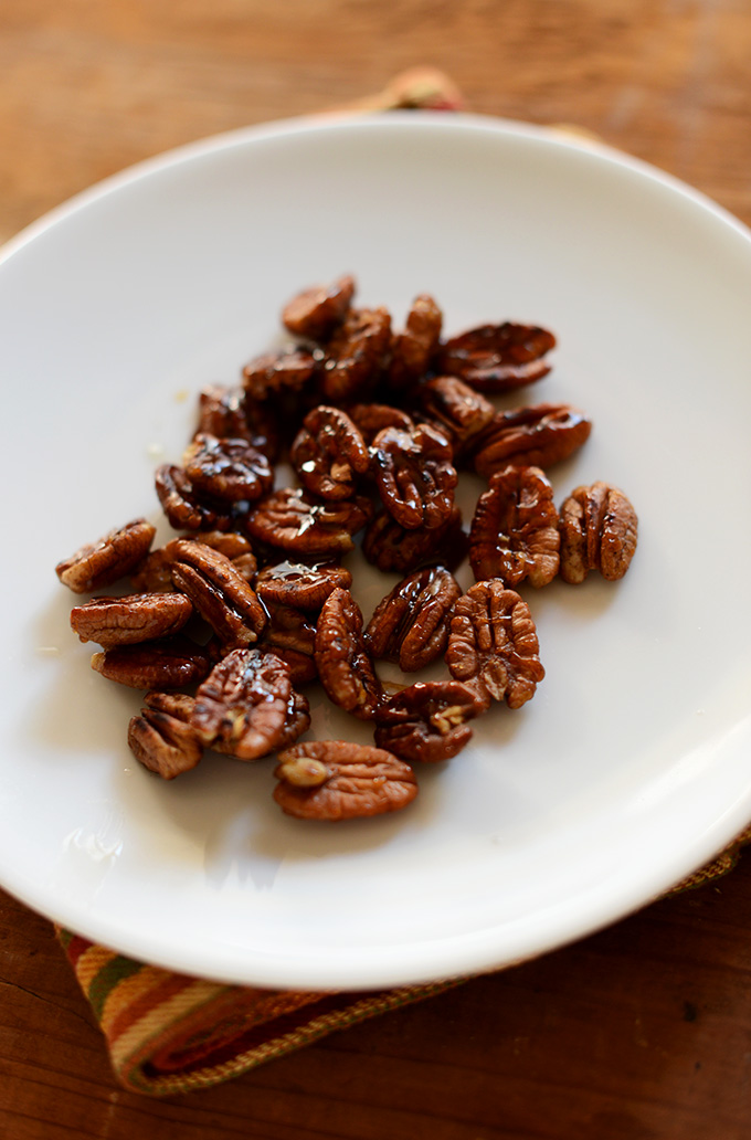 Plate of Caramelized Pecans for adding to salad