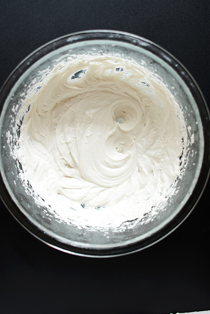 Bowl of Coconut Whipped Cream for making Vegan Dirt Cake