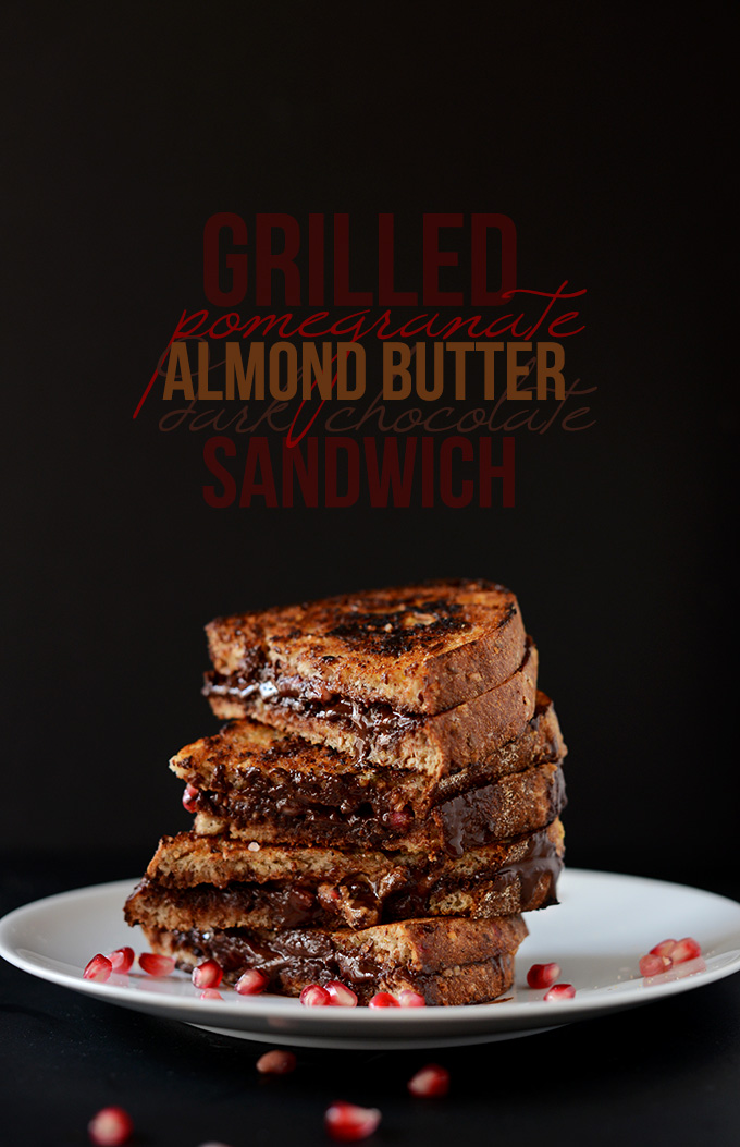 Plate stacked high with Dairy-Free Grilled Pomegranate, Almond Butter, and Dark Chocolate Sandwiches