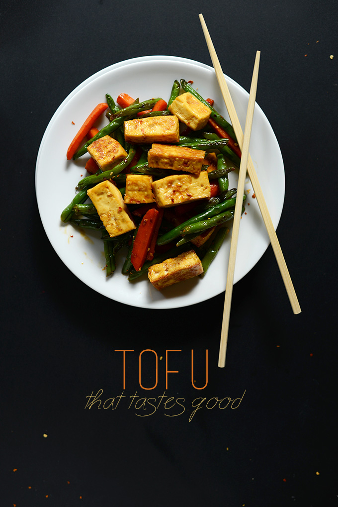 Plate of Easy Tofu Stir-Fry with chopsticks resting on it