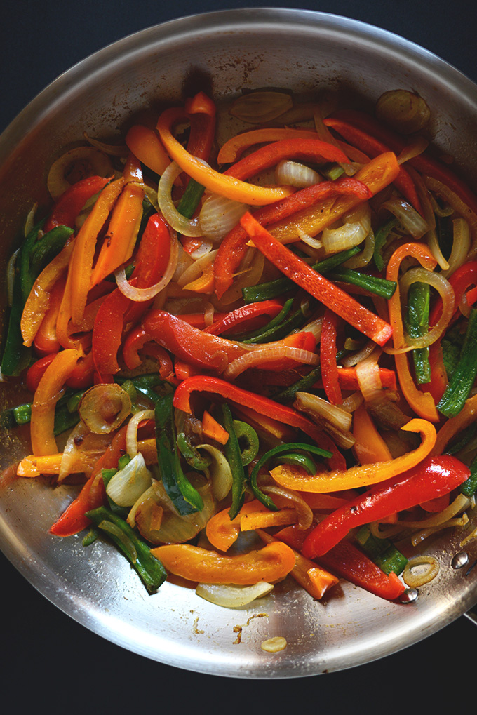 Skillet of peppers and onions for Vegan Fajitas
