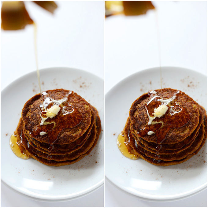 Pouring maple syrup onto a stack of Vegan Pumpkin Pancakes
