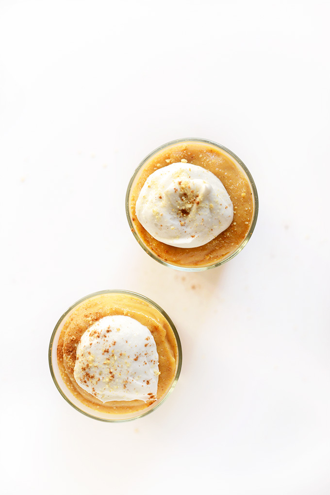 Glasses of our Vegan Pumpkin Pie Shooters for the Thanksgiving recipe roundup