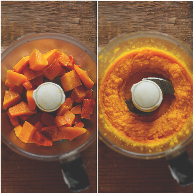 Food processor showing shots of roasted and then pureed butternut squash