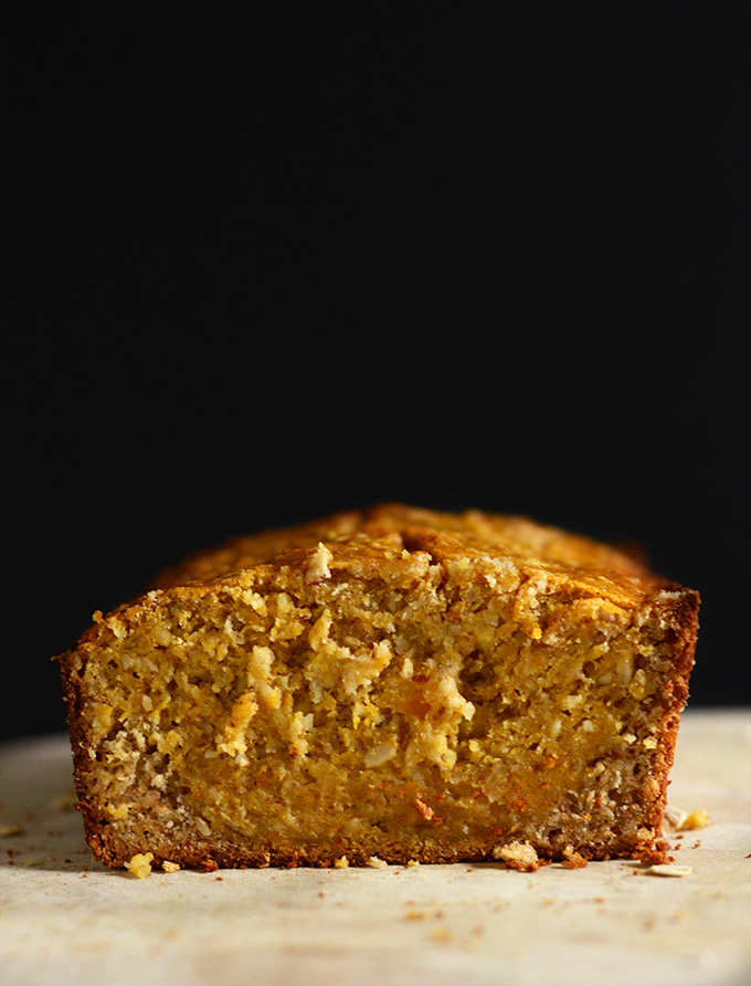 Showing the inside of a loaf of delicious 1-Bowl Butternut Squash Banana Bread