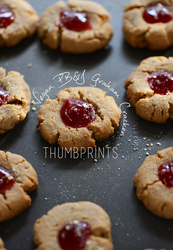 Batch of our Vegan PB&J Thumbprint Cookies recipe