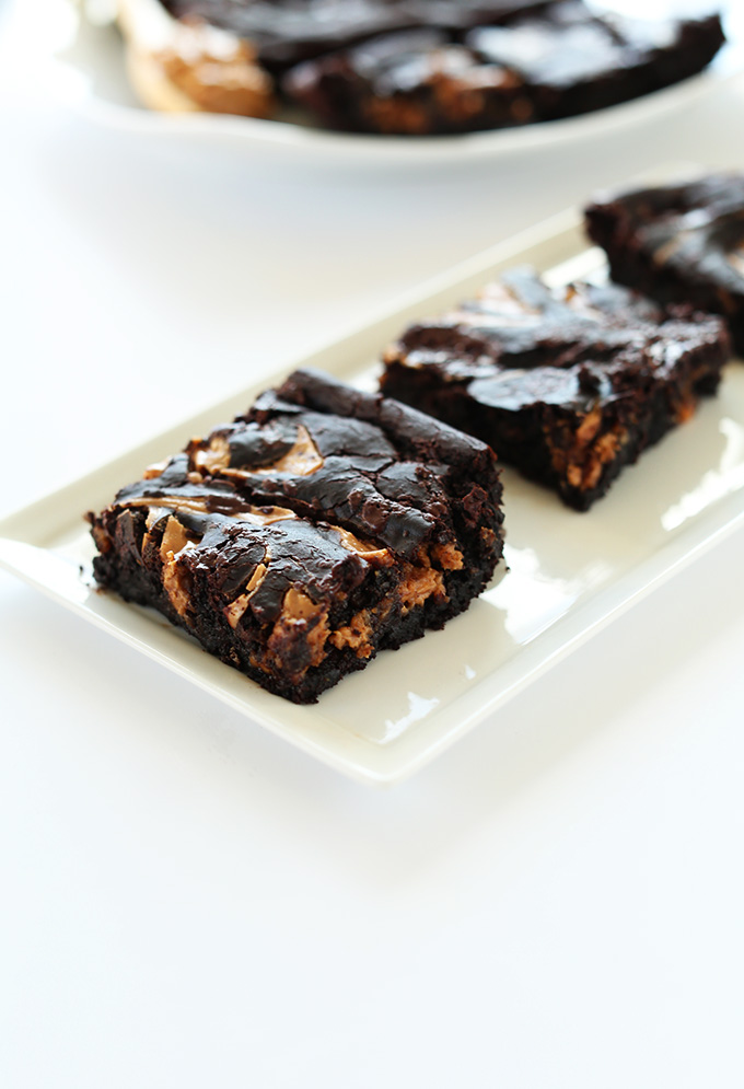 Plate with squares of our Fudgy Peanut Butter Swirl Brownies
