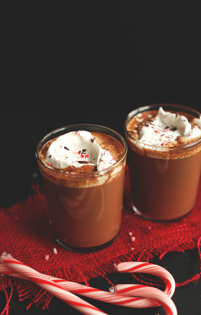 Glasses of Vegan Drinking Chocolate made with peppermint and vegan whipped cream