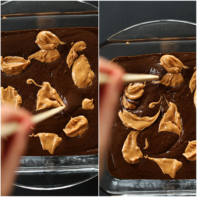 Using a chopstick to create a Peanut Butter Swirl in the batch of brownies