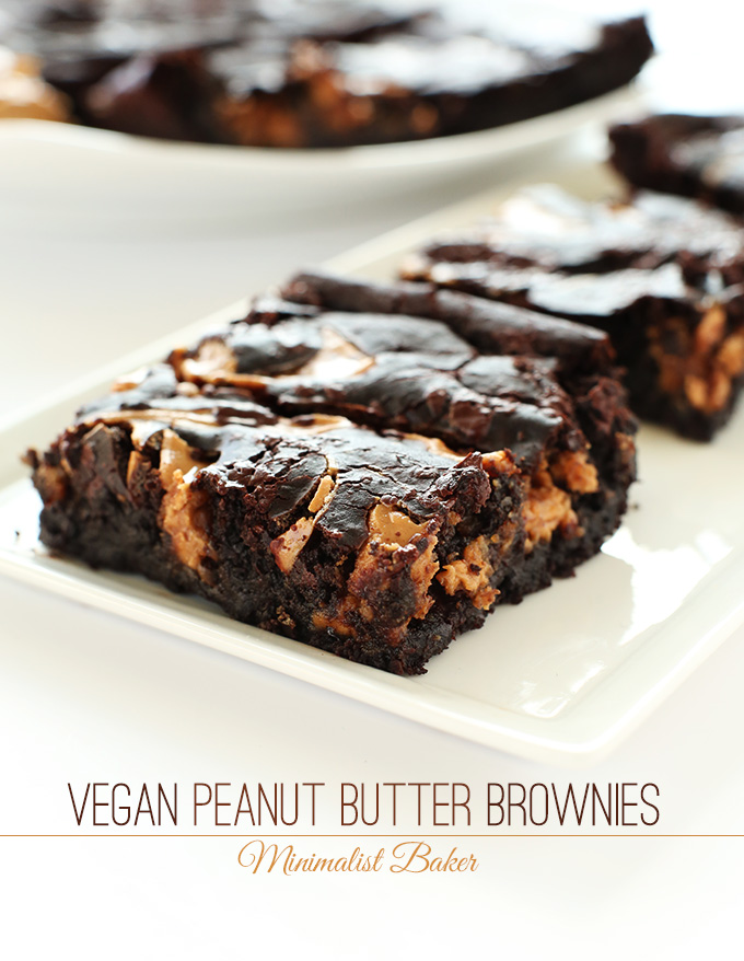 Squares of delicious Vegan Peanut Butter Swirl Brownies on a plate