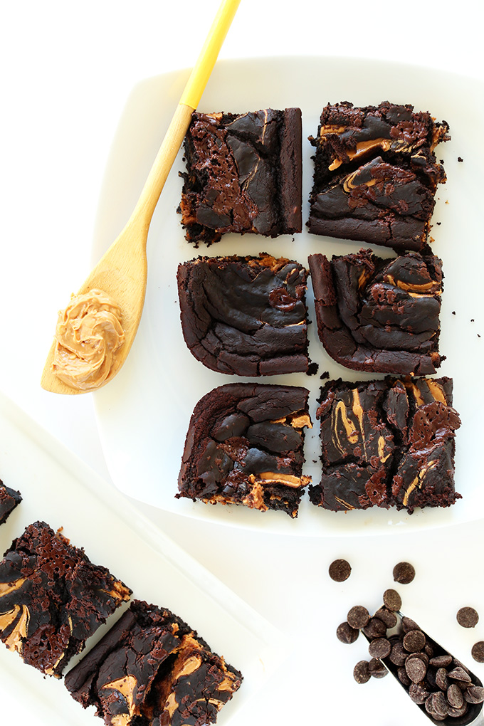 Plates with slices of Vegan Peanut Butter Swirl Black Bean Brownies
