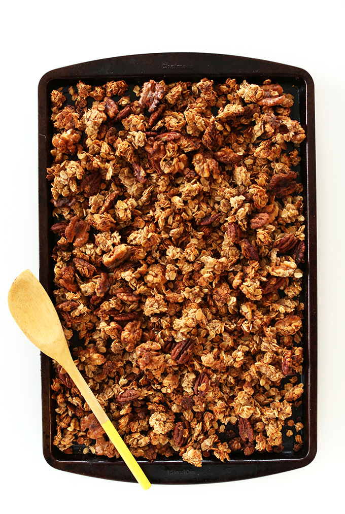 Baking sheet filled with a batch of our homemade 30-Minute Banana Bread Granola