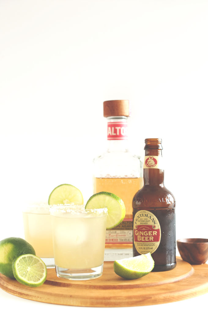 Homemade Ginger Beer Margaritas on a cutting board