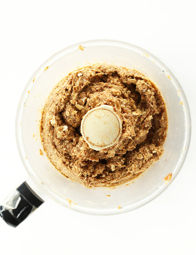 Food processor filled with freshly blended Vegan Cookie Dough