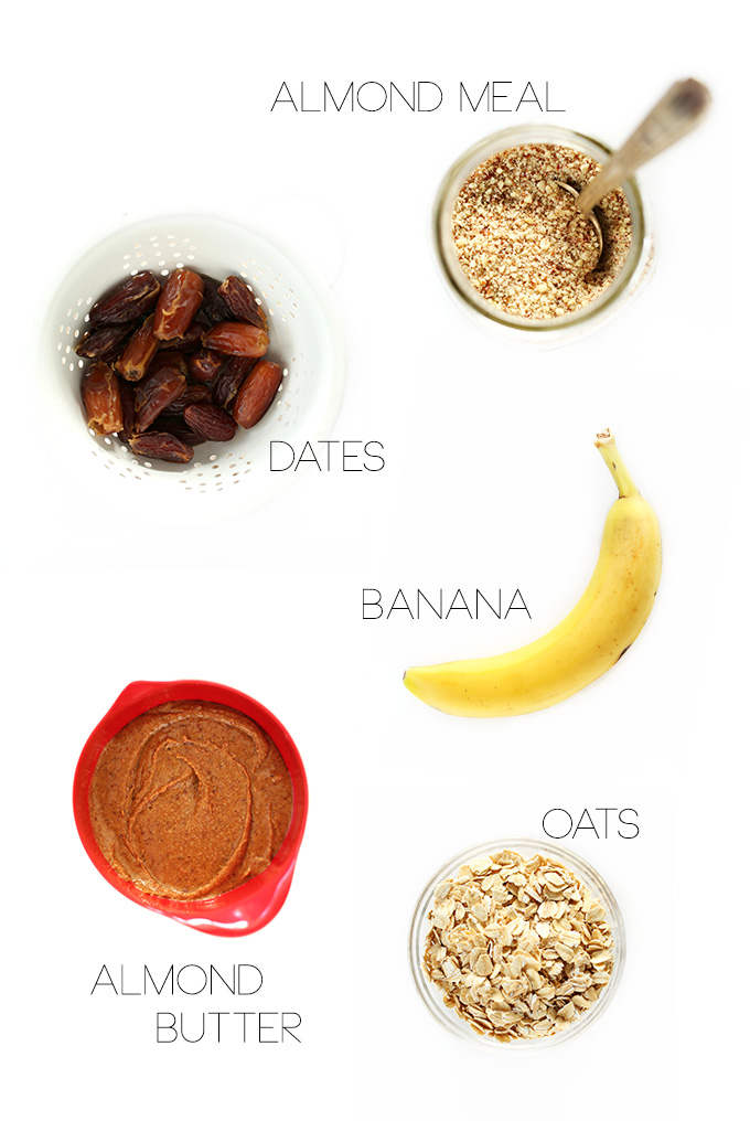 Almond meal, dates, banana, almond butter, and oats for making Healthy Vegan Cookies