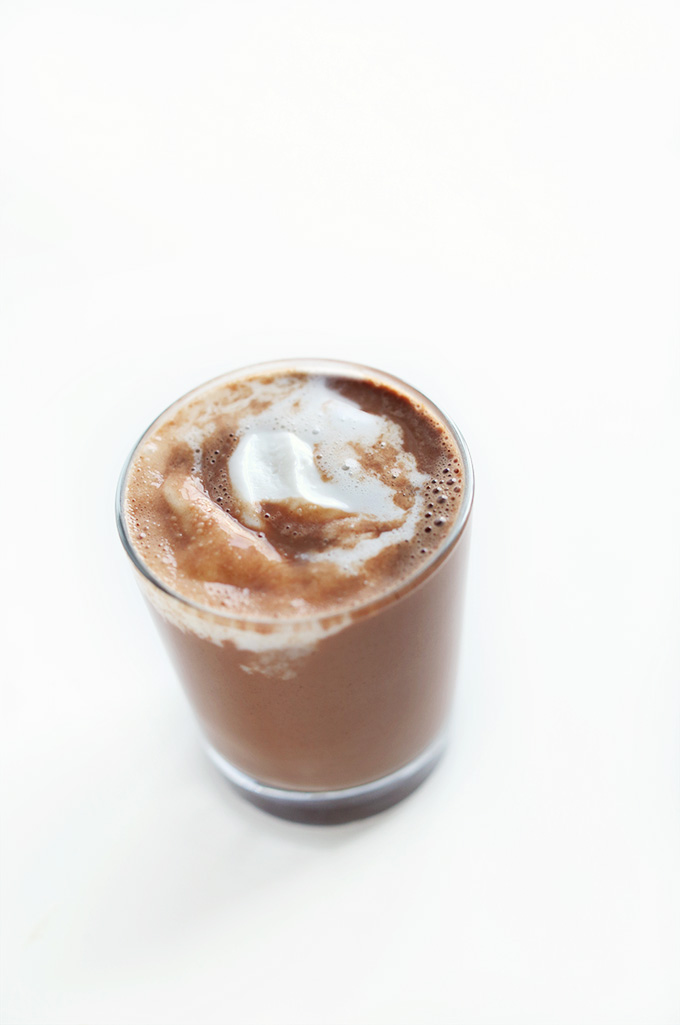 Glass of our Easy Vegan Hot Cocoa recipe