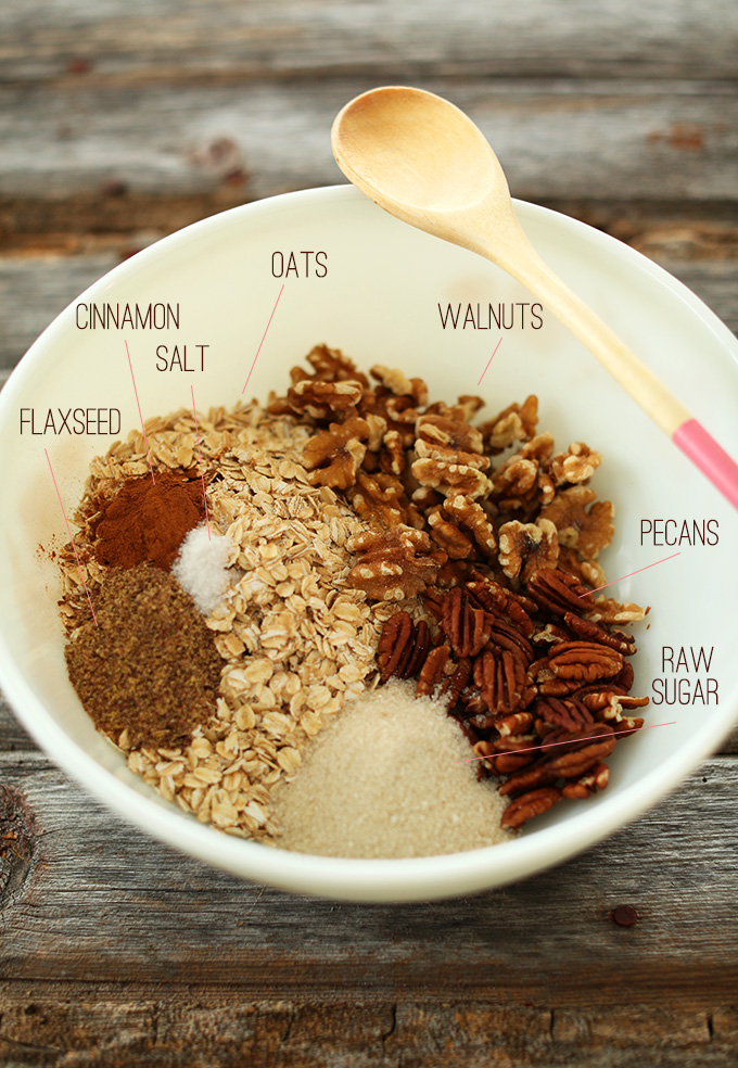 Mixing bowl filled with dry ingredients for homemade Banana Bread Granola