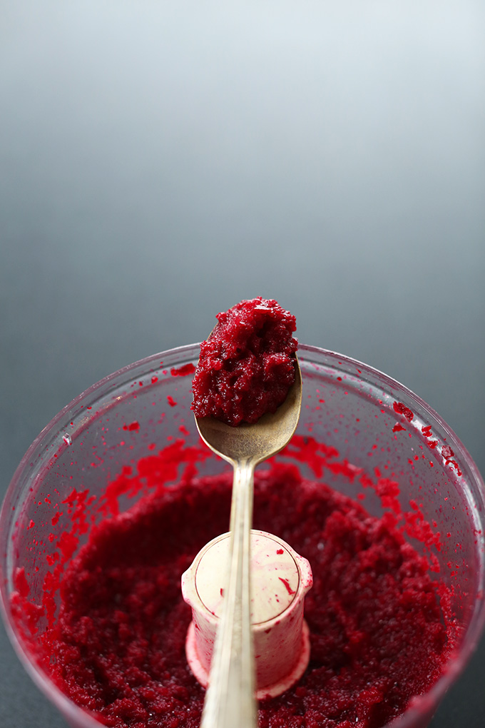 Food processor with beet puree for making healthy Chocolate Lava Cakes