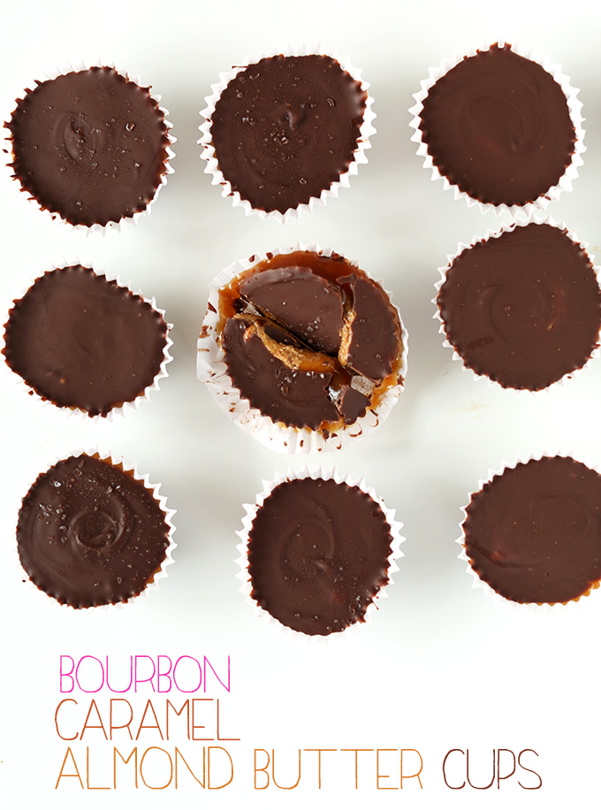 Top down shot showing the dark chocolate shell of our Bourbon Caramel Almond Butter Cups